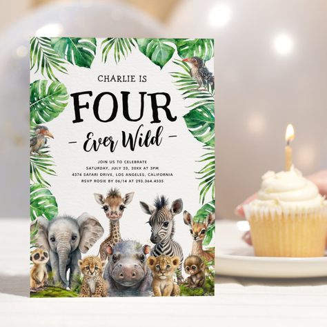 Safari Birthday Invitations, Cute Birthday Invitations, Rainforest Leaves, Four Ever Wild, Lush Rainforest, Wild Safari, Safari Birthday Party, Jungle Birthday, Fourth Birthday