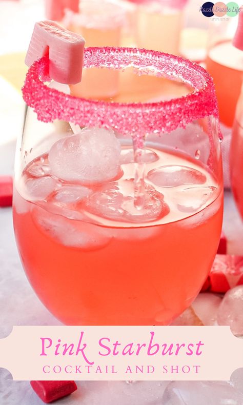 Pink Starburst Shots and Cocktails taste just like a pink Starburst! They are made with watermelon puckers, vanilla vodka, and sweet and sour mix. #cocktail #drinkinggame #partyfood #partyappetizers #shots Pink Themed Alcoholic Drinks, Bright Pink Alcoholic Drinks, Pink Starburst Mixed Drink, Pink Sparkly Alcoholic Drinks, Simple Pink Alcoholic Drinks, Starburst Vodka Recipe, Pink Starburst Martini, Cute Vodka Cocktails, Pink And Orange Cocktail