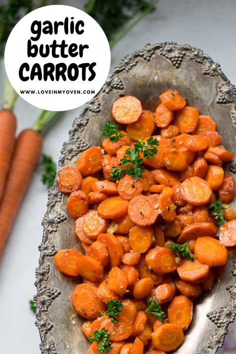 Made with 3 simple ingredients, these garlic butter carrots are full of flavour! The perfect side dish for the holidays or any time, garlic roasted carrots go well with everything! Garlic Butter Carrots, Golden Lentil, Mango Tofu, Cheesy Tortellini Bake, Garlic Roasted Carrots, Easy Side Dishes For Dinner, Loaded Smashed Potatoes, Butter Roasted Carrots, Carrot Recipes Side Dishes