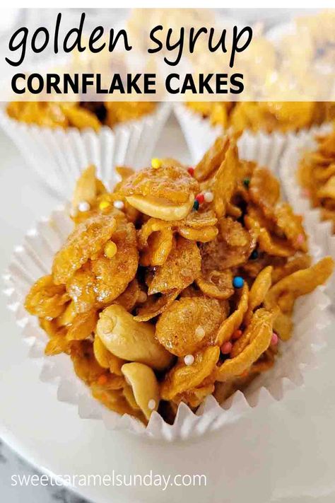 Cornflake Cakes are a crispy sweet treat! Quick and easy to make and using simple ingredients they are the perfect party food. #cornflakecakes #easyrecipes @sweetcaramelsunday Honey Crackles Recipe, Recipes With Golden Syrup, Cornflake Crackles, Honey Crackles, Golden Syrup Recipes, Honey Cornflakes, Cornflake Cakes, Cornflake Recipes, Cornflake Cake