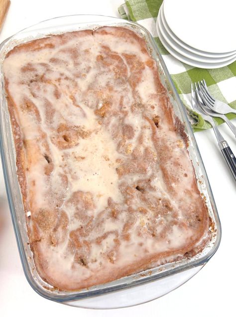 Easy Honey Bun Cake - Happy Homeschool Nest Easy Honeybun Cake, Honey Bun Coffee Cake, Easy Honey Bun Cake, Honey Bun Cake With Cream Cheese, Honeybun Cake With Box Cake, Easy Honey Bun Cake Recipe, Honey Bun Cake Recipe Easy, Sticky Bun Cake, Strawberry Honey Bun Cake Recipe