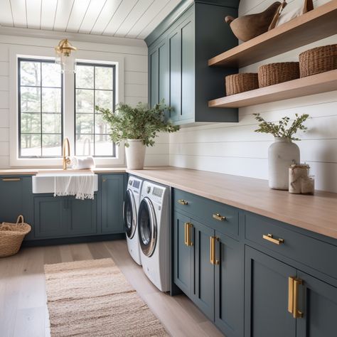 Farmhouse Laundry Room Cabinet Color, Laundry With Blue Cabinets, Teal Laundry Room Cabinets, Teal Cabinets Laundry Room, Blue Green Cabinets Laundry Room, Laundry Room With Dark Floors, Blue White Laundry Room, Laundry Room Design Blue, Two Toned Laundry Room Cabinets