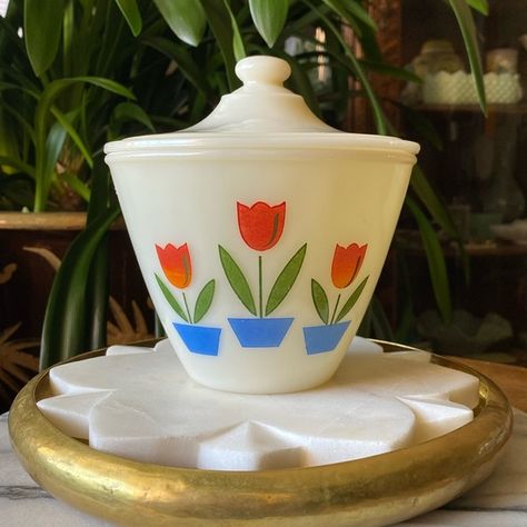 1950’s Fire King Ivory Tulip Grease Jar Anchor Hocking Oven Ware Glass Vintage 1950s Kitchen, Kitchen Jars Storage, The 50s, Fire King, Jar Containers, Anchor Hocking, Dining And Kitchen, Recycled Packaging, Storage Jars