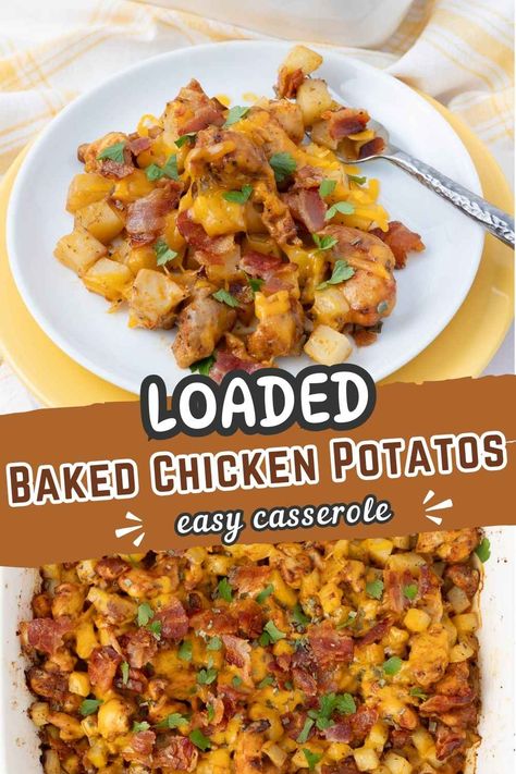 Chicken Potato Ranch Bake, Chicken And Potato Bake Recipes, Loaded Potato Chicken Casserole, Loaded Cheesy Chicken Potato Casserole, Potatoe Chicken Bacon Casserole, Loaded Chicken Potatoes, Loaded Baked Potato Recipes Oven, Chicken Bacon Ranch Potato Bake Casserole Recipes, Creamy Chicken Potato Bake