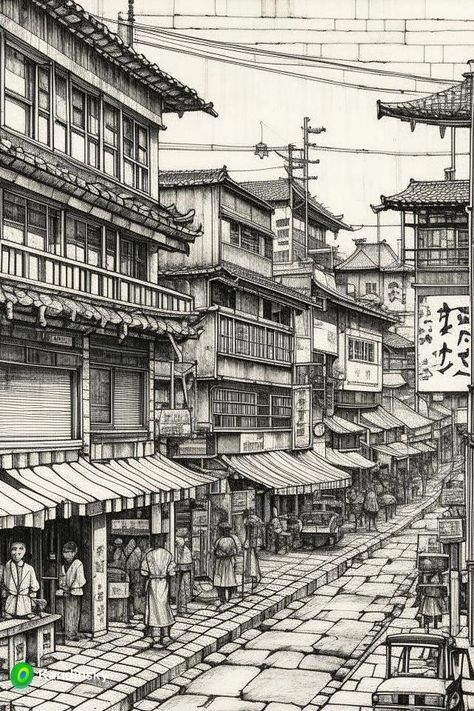 One Point Perspective Japanese Street, Asian Building Drawing, Birds Eye View City Drawing, Building Pen Sketch, Architectural Hatching, Japanese Building Sketch, Street Sketch Urban Sketchers, Japan Landscape Drawing, 2 Point Perspective Drawing Architecture