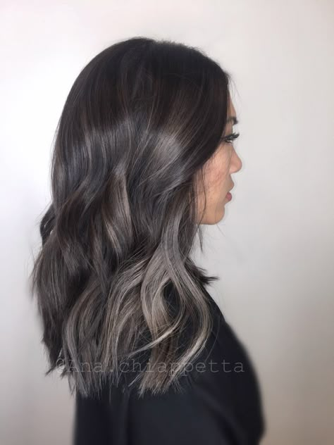 Grey by @colorbyana    Cristophe salon Newport Beach Orange County fashion island grey hair grey color platinum highlights balayage beautiful color style Asian hair Ash Balayage, Gray Balayage, Ash Brown Hair, Brown Hair Balayage, Dark Brown Hair Color, Trendy Hair Color, Hair Color Highlights, Hair Color Balayage, Asian Hair