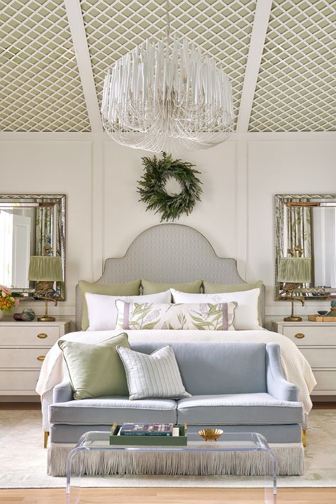 Step Inside This New England-Style Lake Highlands Home - D Magazine A Well Dressed Home, Holiday Decor Hacks, Burled Wood Table, White Trellis, Highland Homes, New England Style, Primary Bedroom, Elegant Bedroom, Master Bedding