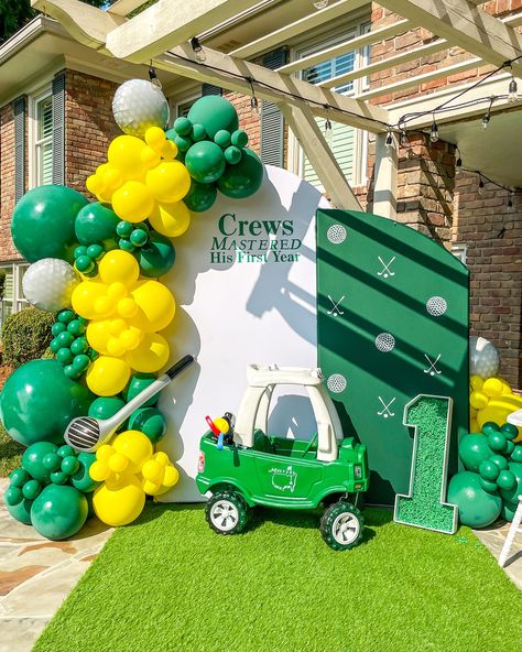 Mastered His First Year ⛳️🏌️‍♂️ #balloons #golf #masters #balloongarland #whitebounce #golfparty #firstbirthday Masters Balloon Garland, Golf Birthday Balloons, Mastered His First Year Birthday, Mastered One Birthday, Mastered First Year Birthday Party Golf, Masters First Birthday, Masters Golf First Birthday Party, Mastered His First Year Party, Golf Themed Centerpieces Ideas