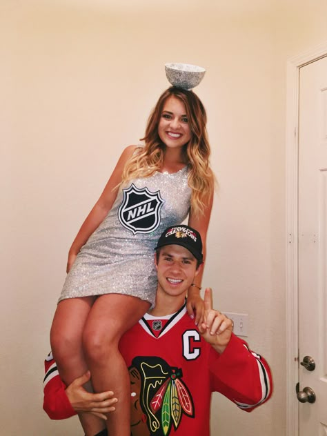 The best couples costume ideas you'll see for 2017 - over 5000 words worth! #CoupleDIY Trophy Halloween Costume Couple, Hockey Couple Costume, Hockey Player And Trophy Costume, Baseball Couples Costumes, Trophy Wife Costume, Fun Couples Costumes, Halloween Costume Ideas Couples, Stanley Cup Costume, Hockey Costume