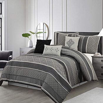 Stratford Park Amina 7-pc. Damask + Scroll Lightweight Comforter Set - JCPenney White And Grey Bedding, Beautiful Bedding Sets, Jacquard Bedding, Grey Comforter Sets, Grey Comforter, King Comforter Sets, Bed Skirt, Queen Comforter Sets, Soft Bedding