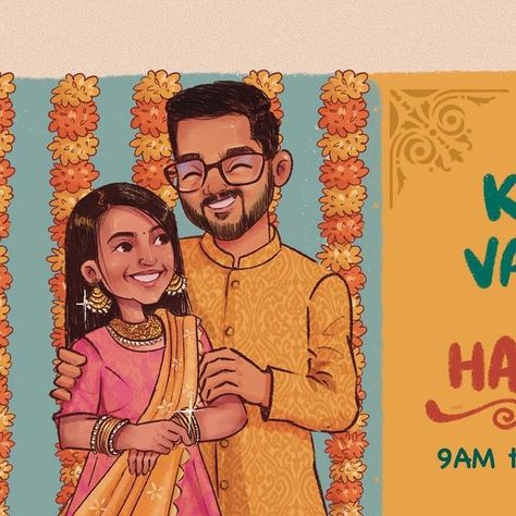 Saara | சாரா on Instagram: "Made this illustrative wedding invitation for a beautiful couple. The groom and bride are from different cultural backgrounds and wanted to illustrate each and every wedding rituals with their cartoon avatars. This is 1/3rd of the invitation  . Ps, Had to delete the previous post:(  . #commissionedwork #weddinginvite #freelanceartist" Wedding Card Couple Illustration, Wedding Card Illustration Design, Wedding Invitation Photo Ideas, Wedding Cartoon Illustration, Wedding Cartoon Couple, Wedding Caricature Couple, Couple Caricature Wedding, Wedding Invite Illustration, Couple Wedding Illustration