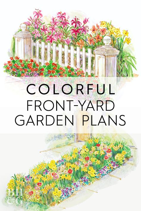 Add curb appeal to your home with these colorful all-season flower garden plans. #gardenplans #gardenplanslayout #gardenlayout #project #printablegardenplan #landscape #bhg Garden Plans Layout Perennial, English Style Garden Front Yards, Frontyard Landscape Layout With Rocks, Better Homes And Gardens Garden Plans, Foundation Garden Plans, Flower Garden Plans Layout, Frontyard Landscape Layout Full Sun, North Facing Flower Bed Front Yards, Preannual Flowers Front Yards