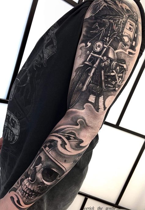 Motorcycle Sleeve Tattoo, Motocycle Tattoo Idea, Biker Tattoos For Men, Biker Tattoo Design, Biker Tattoos Designs, American Flag Forearm Tattoo, Travel Tattoo Ideas, Biker Tattoo, Gear Tattoo