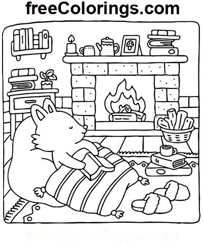 Fuzzy Hygge Sleeping By The Fireplace – Free Printable Coloring Pages Coloring Pages Fuzzy Hygge, Fireplace Coloring Page, Hygge Coloring Page, Fuzzy Hygge Coloring Book Pages, Fuzzy Hygge Coloring Pages, Fuzzy Hygge Coloring Book, Hygge Colors, Hygge Art, Coco Wyo