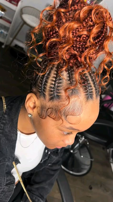 #stitchbraid #updostyles #bohobraidstyle #cornrowstyles Ponytail Braided Hairstyles Black, Stitch Updo Braids, Braided Ponytail Bun For Black Women, Boho Cornrow Ponytail, Stitch Braided Bun, Braid Feed In Styles, Curly Ponytail Braid, Braided Buns With Curls, Braids With Feed In Braids