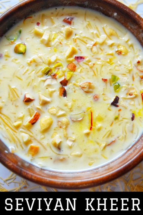 Also known as vermicelli kheer Is a must at any festival at our place. Seviyan Kheer is made with roasting vermicelli and then flavoured with reduced milk and nuts. Seviyan Kheer, Our Place, Cheeseburger Chowder, Chowder, Cheeseburger, Hummus, Nuts, Milk, Festival