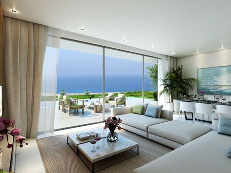 The interior design of a living room with amazing sea view Sea View Living Room, Sea Apartment Interior Design, Sea View Apartment Interior Design, Kitchen With Sea View, Apartment With Sea View, Apartment Sea View, Ocean View Living Room, Sea Apartment, Sea View Apartment