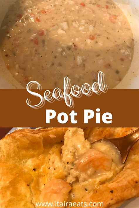 Shrimp Pot Pie Recipe, Shrimp Pie Recipes, Seafood Pot Pie Puff Pastry, Cajun Seafood Pot Pie Recipe, Cajun Seafood Pot Pie, Seafood Potpie, Seafood Pot Pie Recipe, Shrimp Pot Pie, Lobster Pot Pie Recipe