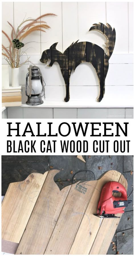 Wood Cats For Halloween, Wooden Cats Diy, Black Cat Decor Halloween, Halloween Wood Crafts Diy, Wood Halloween Crafts, Halloween Pallet, Halloween Palette, Cat For Halloween, Wood Halloween Decorations