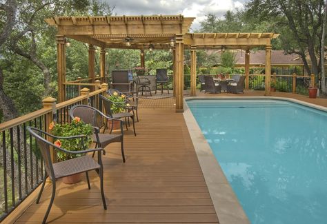 L-Shaped Pergola Around Pool | Archadeck Outdoor Living Pool Deck Pergola, Deck Pergola, Pool Pergola, Pool Shade, Cedar Pergola, Pergola Design, Backyard Pool Landscaping, Backyard Pergola, Deck With Pergola