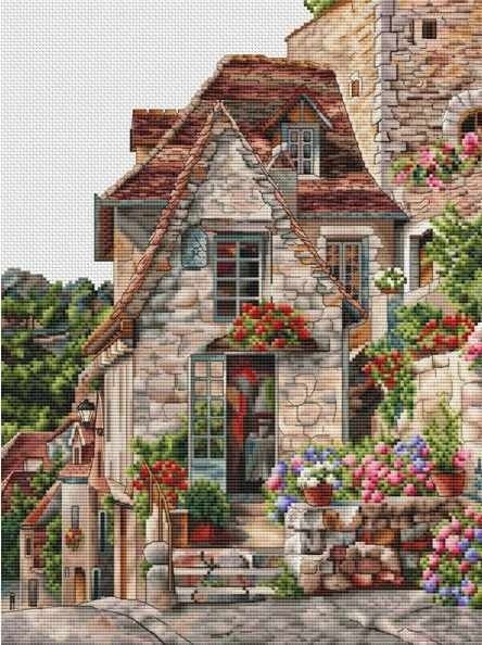 Landscape Farm, House Courtyard, Cross Stitch Houses, Hut House, Cross Stitch House, Flower Cottage, Cross Stitch Landscape, Cross Stitch Thread, Pola Kristik