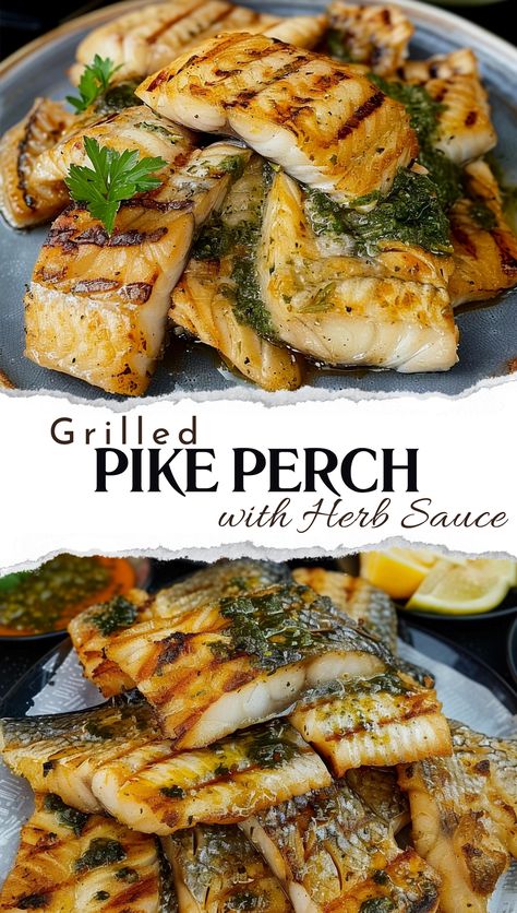 Wow your friends at your upcoming barbecue with our delicious grilled pike perch topped with a flavorful herb sauce. This dish is ideal for enjoying al fresco during those sunny days. Pike Perch Recipes, Grilled Perch Fish Recipes, Pike Recipes Fish, Northern Pike Recipes, Perch Fish Recipes, Pickerel Recipes, Northern Pike Recipe, Pike Recipes, Perch Recipes