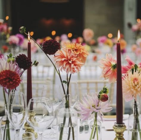 Long Stem Wedding Flowers, Bud Vases And Candles Wedding, Wildflower Table Setting, Dahlias In Bud Vases, Fall Bud Vases, Glass Candlesticks Wedding, Dahlia Bud Vases, Table Scapes Wedding, Bud Vase Tablescape