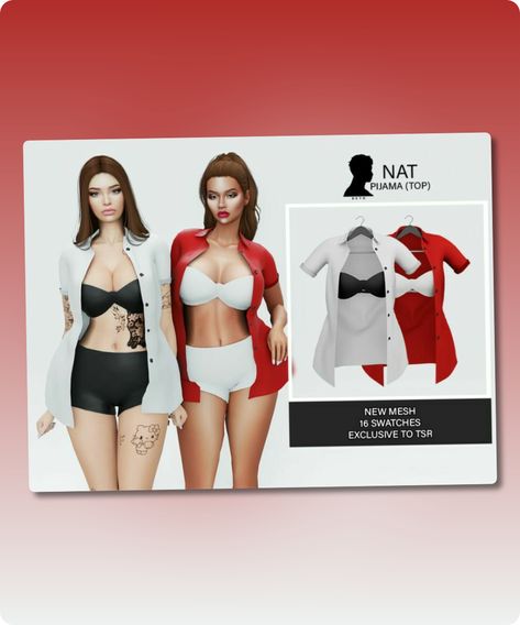 Sims 4 Nat (Pijama – Top) Open shirt with many colors, I hope you like them 16 colors Adult-Elder-Teen-Young Adult Custom thumbnail New Mesh All Lods All maps Filesize: 2 MB Type: Tops Recoloring Allowed: Yes – Do not include mesh Polycount LOD 0 (highest): 14298 Polycount LOD 1: 9507 Polycount LOD 2: 4746 PolycountContinue reading "NAT (Pijama – TOP)" #sims4 #adult #teen #tops #gaming #sims Sims 4 Open Shirt, Teen Tops, Mod Jacket, Sims 4 Cc Download, Open Shirt, Jasmine Dress, Model Nails, Best Sims, Family Fashion