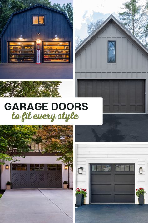 A new garage door can instantly enhance a home's curb appeal, providing a fresh, updated look. And with so many styles, materials, and price points available, homeowners have a wide range of options for finding a garage door that perfectly complements their home. From classic raised panel and carriage house doors to modern glass paneled and aluminum doors, there's a garage door to suit every style.

#clopay #garagedoortypes #ClopayGarageDoor #BlackGarageDoor #GlassDoor #GlassGarageDoor Front Garage Door Ideas, Clopay Garage Doors Gallery, Cottage Garage Doors, Clopay Garage Doors, Cedar Garage Door, Black Garage Door, Aluminium Garage Doors, Carriage House Garage Doors, Garage Door House