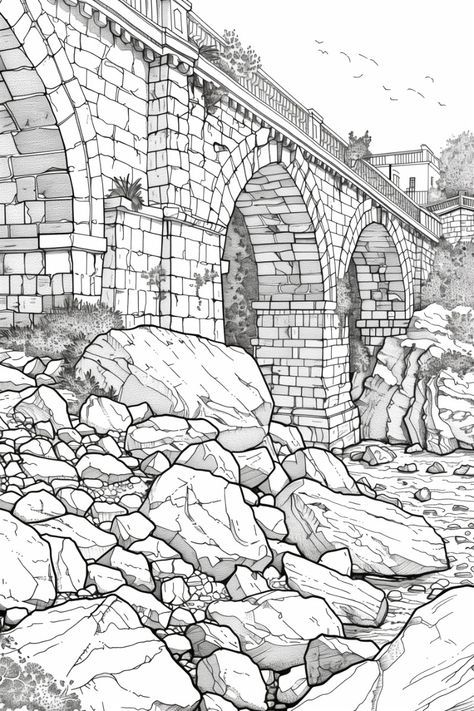 Historical Places Drawing, Places Drawing, Perspective Painting, Castle Painting, Digital Coloring Pages, Adult Coloring Books Printables, Coloring Page Free Printable, Abstract Coloring Pages, Color Drawing Art