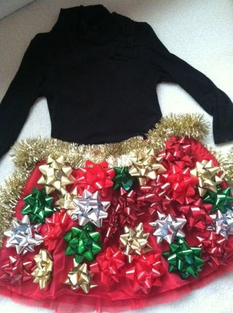 Tacky Sweater Christmas Party, Tacky Christmas Party, Tacky Christmas Sweater, Ugly Xmas Sweater, Tacky Christmas, Christmas Skirt, Bow Skirt, Christmas Sweater Party, Christmas Hacks