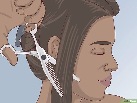 How to Use Hair Thinning Shears (with Pictures) - wikiHow Hair Thinning Techniques For Thick Hair, Thinning Thick Hair Haircuts, How To Use Thinning Scissors On Hair, Using Thinning Shears At Home, Thinning Shears Before And After, How To Use Thinning Shears Thick Hair, Thinning Shears How To How To Use, How To Texturize Your Own Hair, Thinning Out Thick Hair