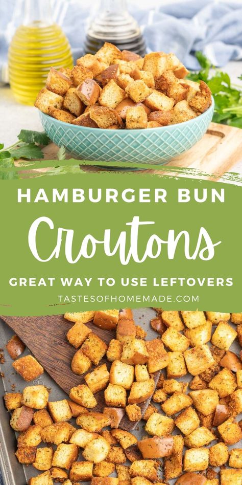 Using leftover hamburger buns to make homemade croutons is a great way to use up leftovers and save you money.  These crunchy croutons are easy to make and can be made with any leftover bread or rolls you have on hand.  Add your favorite seasoning and toss them in the oven.  They are the perfect way to add flavor and crunch to your favorite salad or creamy soup. Leftover Hamburger Bun Uses, Hamburger Bun Croutons, Hot Dog Bun Croutons, Ways To Use Hamburger Buns, Leftover Buns What To Do With, Leftover Buns, Leftover Buns Ideas, Leftover Hamburger Buns, What To Do With Leftover Hamburger Buns