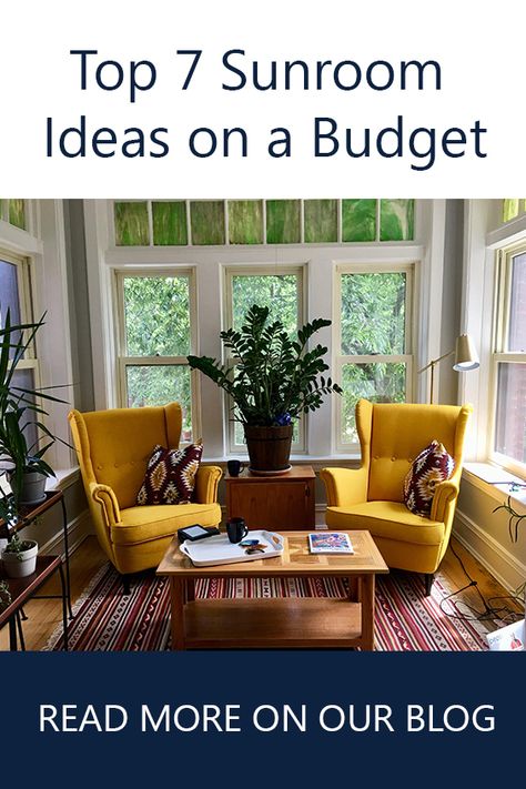 Top 7 Sunroom Ideas on a Budget. For more tips and pics visit our blog at www.gambrick.com Sunroom Ideas Front Of House, Ideas For Sunroom Decorating, Small Sunporch Decorating Ideas, Sunroom Interior Ideas, Furniture For Sunroom Room Ideas, Small Indoor Sunroom Ideas, Small Sunporch Ideas, Indoor Sunroom Ideas Cozy, Indoor Sunroom Furniture Ideas Cozy