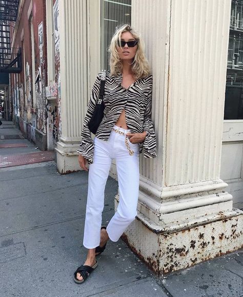 I Am Obsessed With Elsa Hosk's Style This Summer | Who What Wear Zebra Blouse Outfit, Zebra Shirt Outfit, Elsa Hosk Style, Zebra Shirt, Vintage Wash Jeans, Simple Tank Tops, Sporty Dress, Metal Clothing, Elsa Hosk