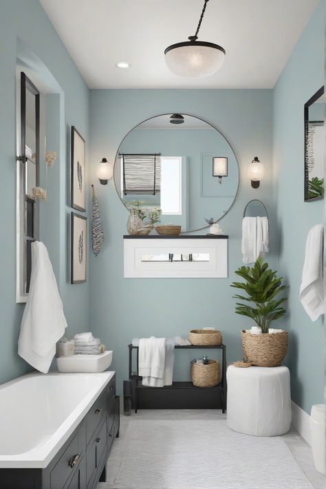 Dive into a daily routine of interior design with Tricorn Black (SW 6258) to create a bold, modern, and serene coastal bathroom. #Ad #homedecor #homedesign #bathroom #Painthome interiorarchitecture best Wall Colors for Bathroom Colors Bright Room Colors best colors combinations bathroom bathroom Remodeling Modern Paint Colors 2024 Bathroom Color Design, Half Bathroom Ideas Coastal, Coloured Bathroom Ideas, Bathroom Tile Combinations Color Schemes Colour Palettes, Bathroom Color Combinations, Bathroom Wall Colours, Vintage Bathroom Paint Colors, Light Blue Bathroom Walls, Bathroom Blue Walls