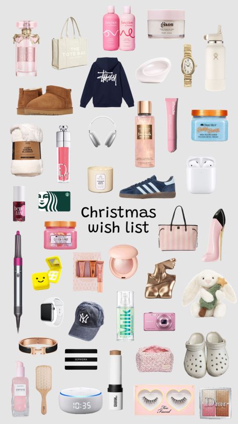 christmas wish list 🤍🎄 #wishlist #christmas #victoriassecret #beauty #rarebeauty #thetotebag #applewatch #airpods #jellycat #treehut #uggs #dior #stussy #soldejaneiro #gisou #jewlery #benefit 🪽 What Should I Put On My Christmas List, What To Put On Your Christmas List, Cheap Things To Ask For Christmas, 2024 Christmas Wishlist, Christmas List For Women, Girly Christmas List, Stuff To Ask For Christmas, Stuff To Get For Christmas, Things To Put On Your Christmas List