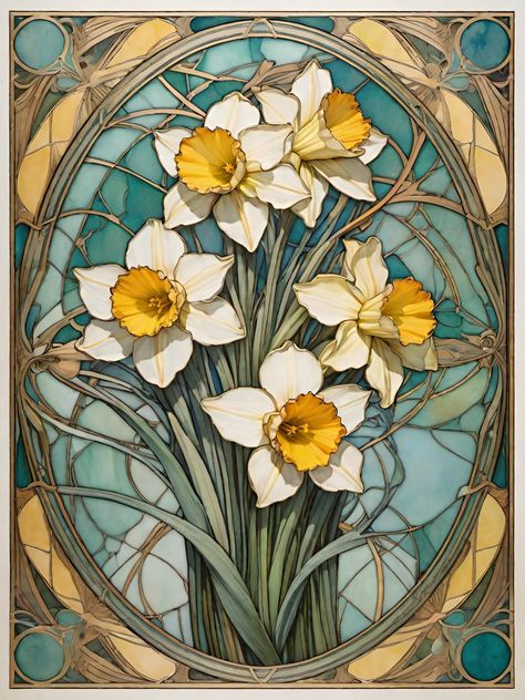 Art Deco Daffodil, Art Nouveau Floral Design, Art Nouveau Daffodil, Daffodil Dress, Stained Glass Background, Flower Art Nouveau, Art Deco Flowers, Stain Glass Window Art, Art Nouveau Illustration