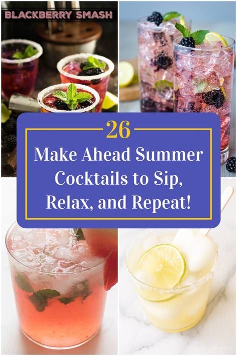 Collage of 4 make ahead summer cocktails. Make Ahead Drinks Alcohol, Pool Side Cocktails, Poolside Cocktail Party, Poolside Cocktails, Pool Party Cocktails, Tiki Drinks Recipes, Bbq Cocktails, Summer Mixed Drinks, Pool Party Drinks