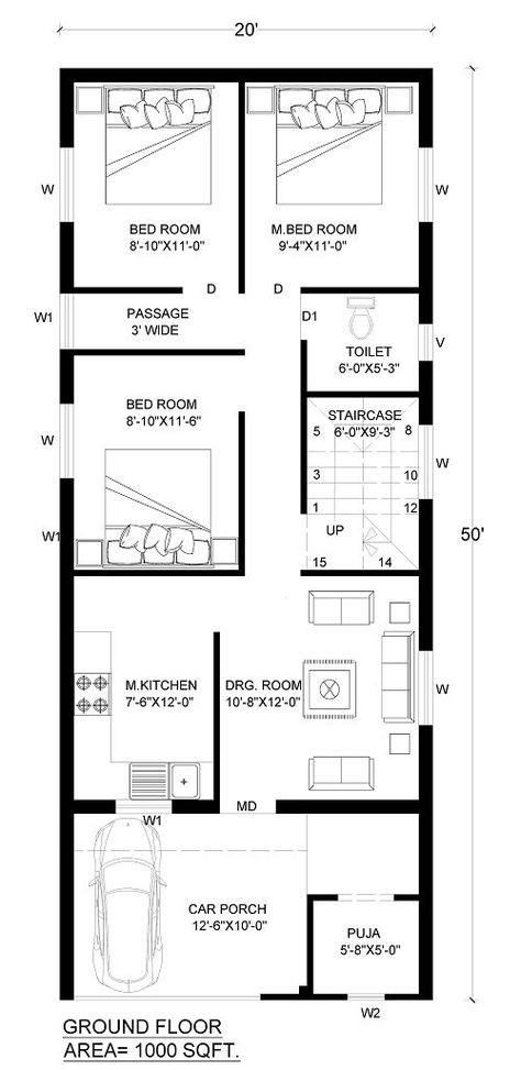 20 * 50 House Plan With Car Parking 7F6 25×50 House Plan, 20 50 House Plan, House Plans Layout, Simple Bungalow House Designs, Smart House Plans, Mini House Plans, Square House Plans, Budget House Plans, 20x40 House Plans