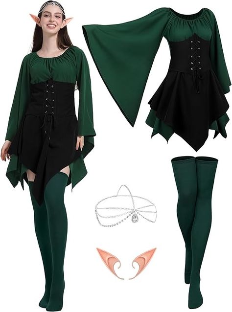 Amazon.com: 4 Pcs Fairy Costume for Woman Renaissance Dress Costume, Women Elf Medieval Irish Dress Ear Head Chain for Halloween Green, Black, Green XL : Clothing, Shoes & Jewelry Women Fairy Costume, Realistic Fairy, Elegant Headpiece, Work Appropriate Halloween Costumes, Medieval Fairy, Irish Dress, Fairy Ears, Fairy Accessories, Elf Costume