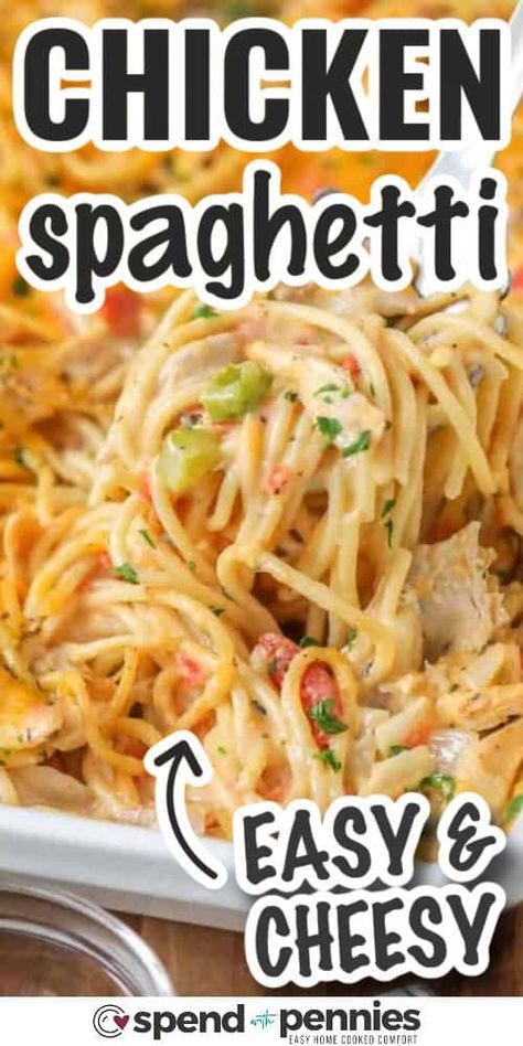 This Chicken Spaghetti Casserole is sure to be a family favorite! A simple homemade cheese sauce, spaghetti, and rotisserie chicken make this a delicious weeknight meal. #chickenspaghetti #casserole #maindish #spendwithpennies Chicken Spaghetti Recipe Stovetop, Pioneer Woman Chicken Spaghetti, Chicken With Spaghetti Sauce, Best Chicken Spaghetti Recipe, Easy Chicken Spaghetti, Baked Chicken Spaghetti, Chicken Spaghetti Recipe, Recipes Using Rotisserie Chicken, Chicken Spaghetti Casserole