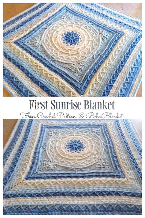 First Sunrise Blanket Free Crochet Pattern Crochet King Size Blanket Pattern, Gradient Yarn Crochet Pattern, Solid Color Crochet Blanket Patterns, Mandala Crochet Blanket Free Pattern, Crocheted Ideas, Afghan Patterns Free, Crocheted Squares, Modern Crochet Blanket, Pattern Board