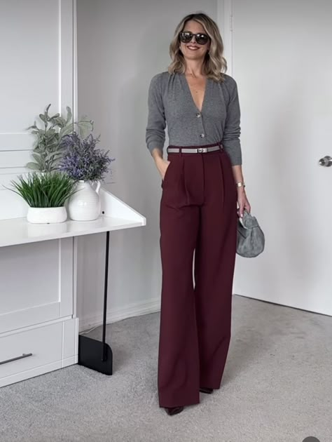 Wrap Top Work Outfit, Burgundy Trousers Street Style, Grey And Burgundy Outfits For Women, Mid Sized Mom Outfits, Maroon Faux Leather Pants Outfit, Cherry Pants Outfit, Burgundy Pants Outfit Fall, Styling Maroon Pants, Maroon Pants Outfits