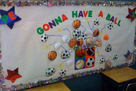 Gonna Have A Ball Image Pe Bulletin Boards, Kindergarten Decor, Let It Roll, Sports Theme Classroom, Ball Image, Pe Ideas, Lets Roll, Theme Classroom, Sports Camp