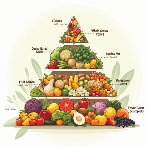 🌿 Discover the Vegan Food Pyramid: Your Guide to Plant-Based Nutrition! 🥗 Our colorful illustration breaks down the essential components of a balanced vegan diet: 🌾 Base: Whole grains (quinoa, brown rice, whole wheat bread) 🥕 Next level: Vibrant fruits and vegetables 🥜 Middle: Protein-rich legumes, nuts, and seeds 🥛 Upper tier: Plant-based milk alternatives and fortified foods 💊 Top: Essential supplements (B12, vitamin D) The vegan food pyramid emphasizes variety and balance, ensuring you ... Food Guide Pyramid, Pyramid Infographic, Food Pyramid Kids, Vegan Food Pyramid, Fortified Foods, Vegan Journey, Vegan Plate, Food Pyramid, Vegan Nutrition