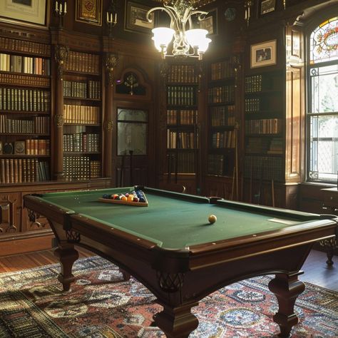 The Billiard Room and Twain's Private Study Vintage Pool Table Aesthetic, Pool Table In House, Luxury Billiard Room, Pool Table Aesthetic, Vintage Pool Table, Billiards Aesthetic, Mark Twain House, Billards Room, Castle Library