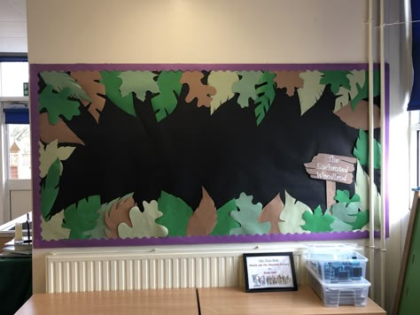 Enchanted Woodland classroom display board Woodland Display, Forest Theme For Preschool, Woodland Bulletin Board, Woodland Daycare Room, Forest Display Classroom, Forest Display, Cottagecore Bulletin Board, Woodland Themed Classroom, Forest School Display Board Ideas