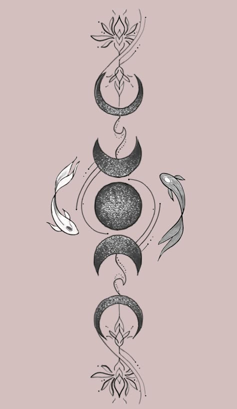 Moon And Flower Spine Tattoo, Luna Cycle Tattoo, Pisces Witch Tattoo, Lunar Back Tattoo, Moon Spine Tattoo Designs, Moon Tattoo Designs For Women Back, Moon Phase Tattoo Ideas, Forearm Moon Tattoo Women, Lotus And Moon Tattoo Design