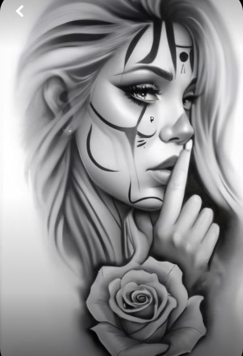 Gangster Girl Tattoo Design, Chicano Girl Tattoo Design, Face Rose Tattoo, Gangster Girl Tattoo, Chicano Tattoo Design Ideas, Chicana Tattoo Design, Tattoo Linework, Face Tattoos For Women, Mexican Art Tattoos